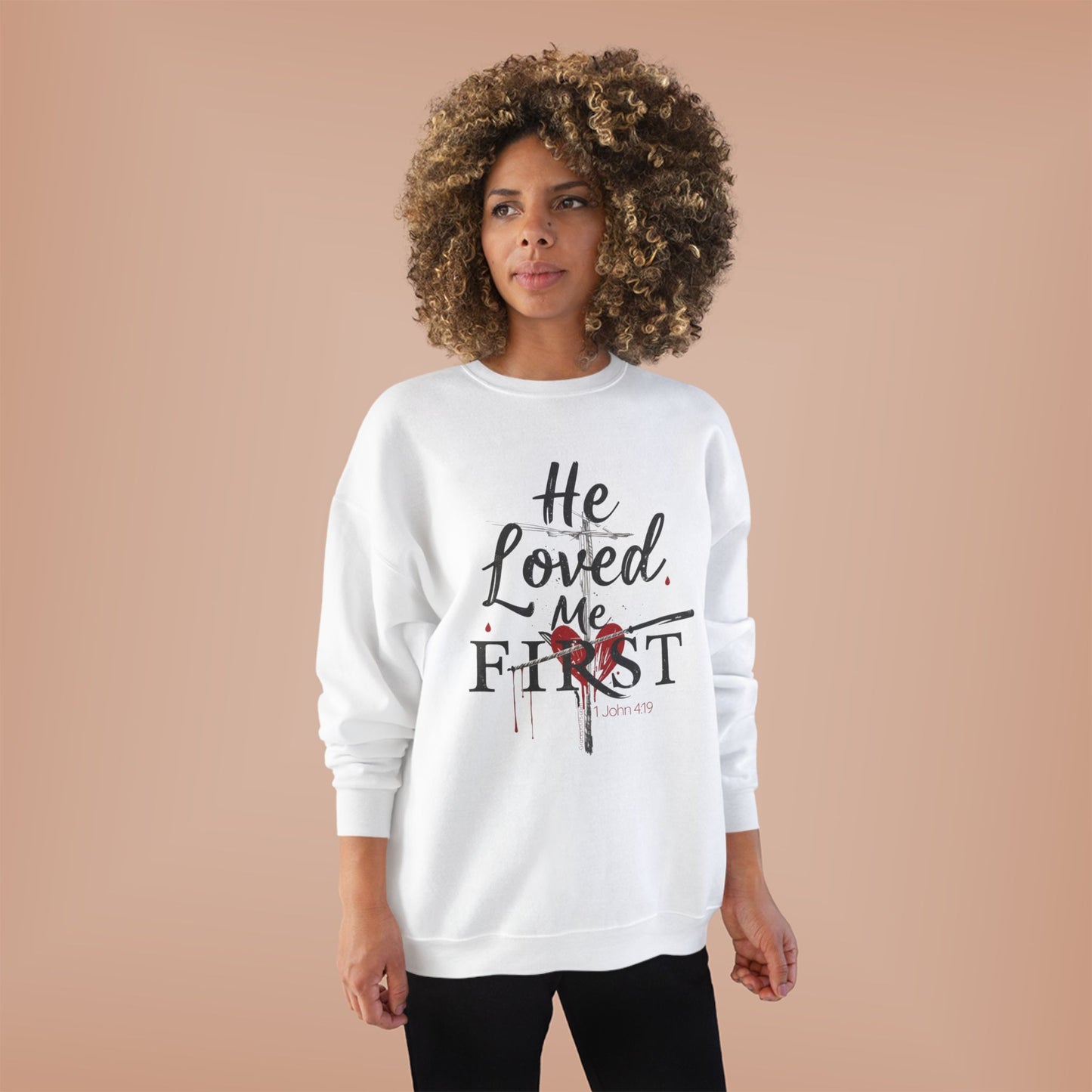 He Loved Me First Sweatshirt — Christian Faith Crewneck with Cross & Rose