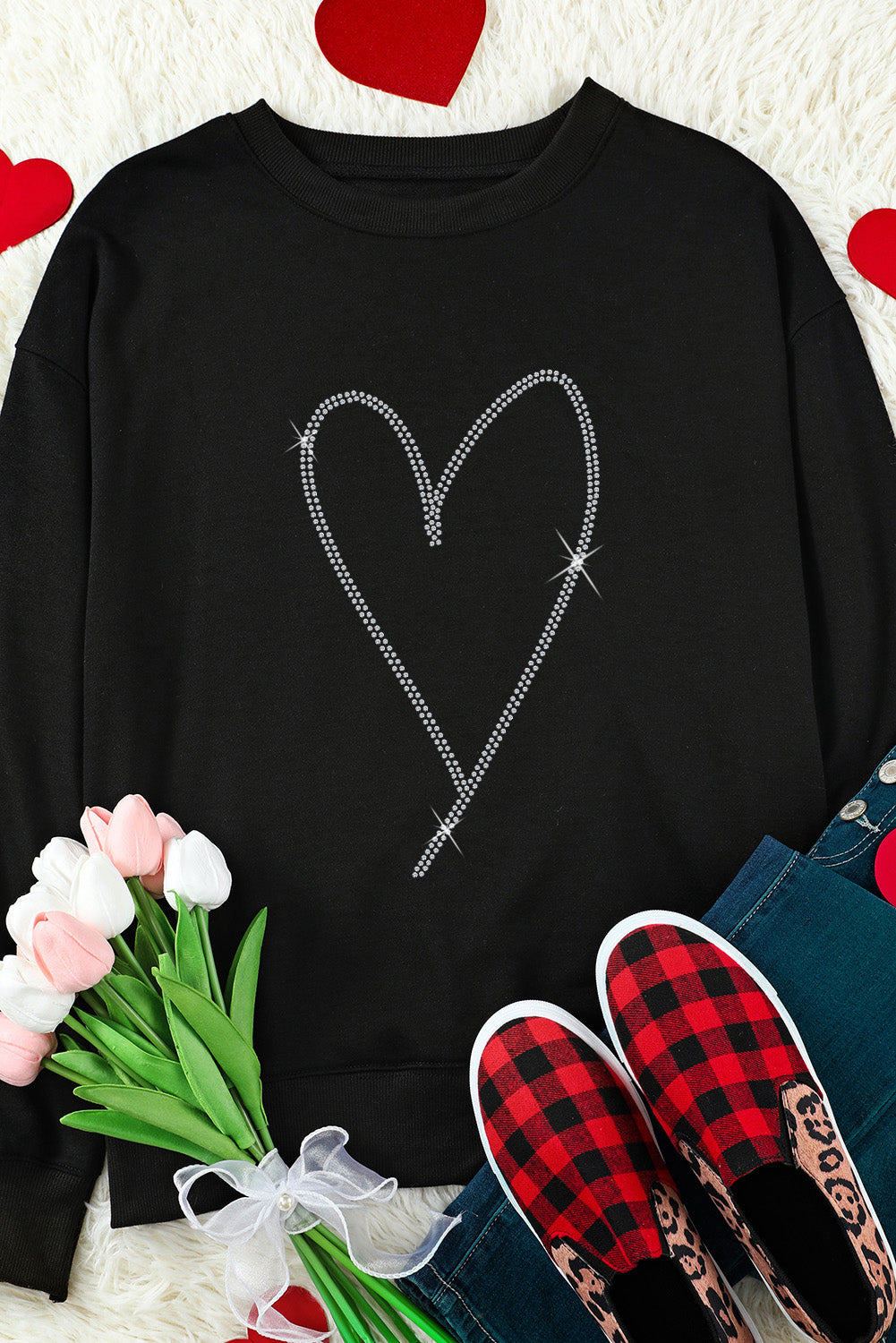 Black Rhinestone Heart Pattern Fashion Sweatshirt