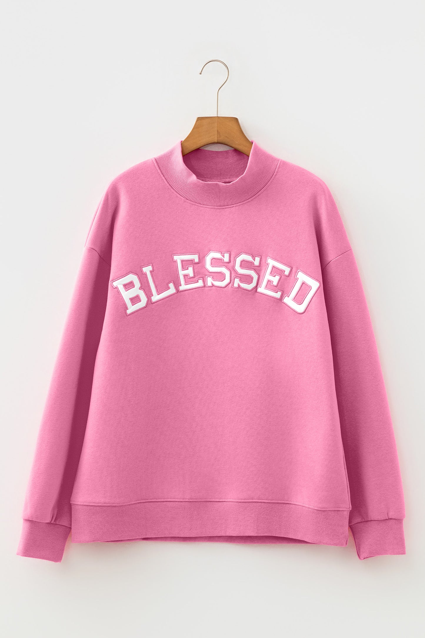 "Blessed"-Bright Pink Oversize Embroidered Mock Neck Sweatshirt