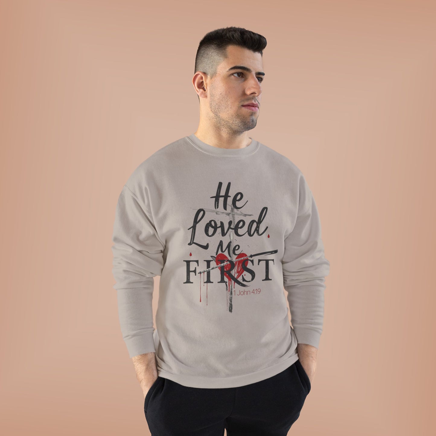 He Loved Me First Sweatshirt — Christian Faith Crewneck with Cross & Rose