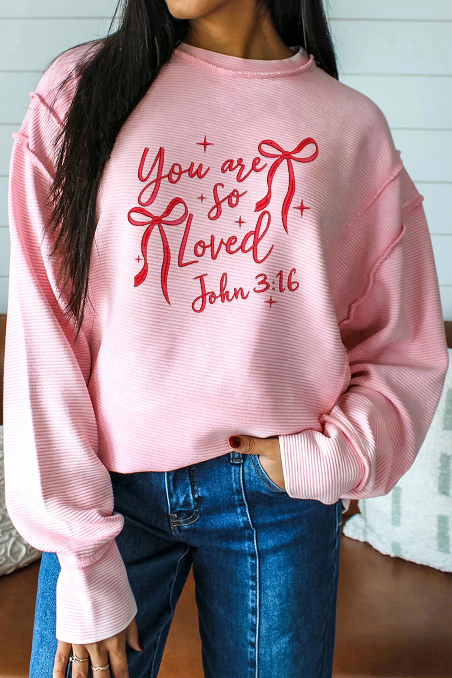 "You are so loved"  Bow Embroidered Graphic Pullover Top