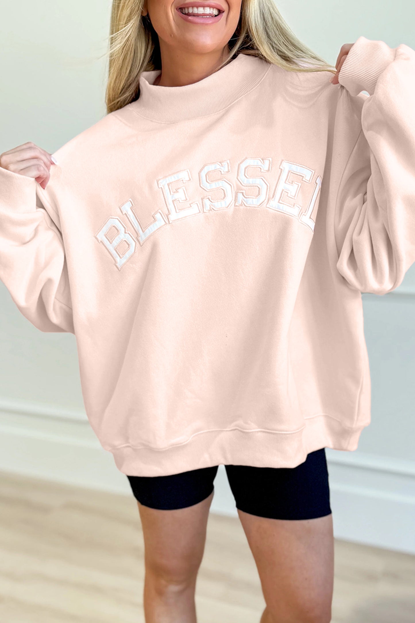 "Blessed"-Light Pink Oversize Embroidered Mock Neck Sweatshirt