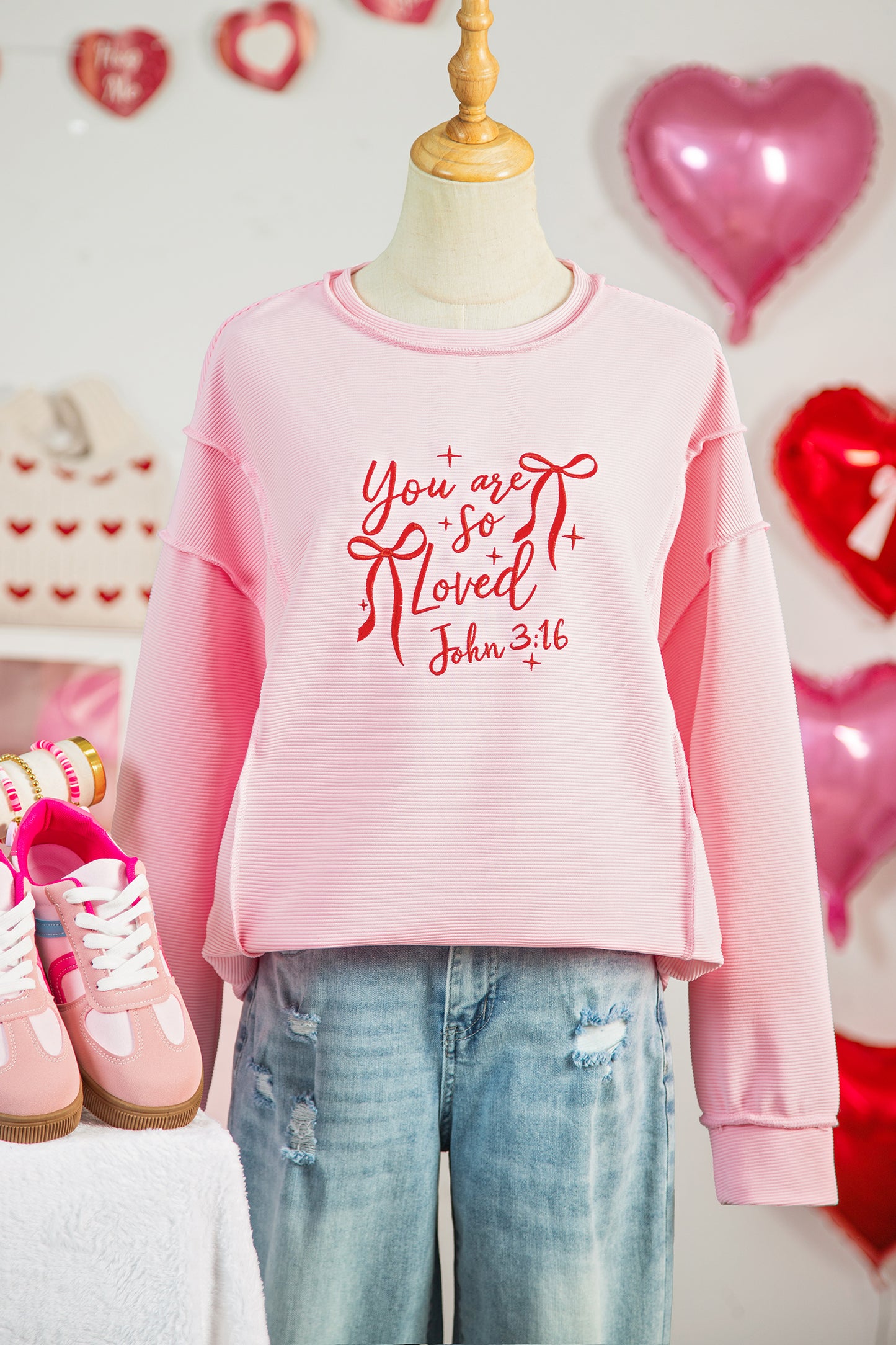 "You are so loved"  Bow Embroidered Graphic Pullover Top