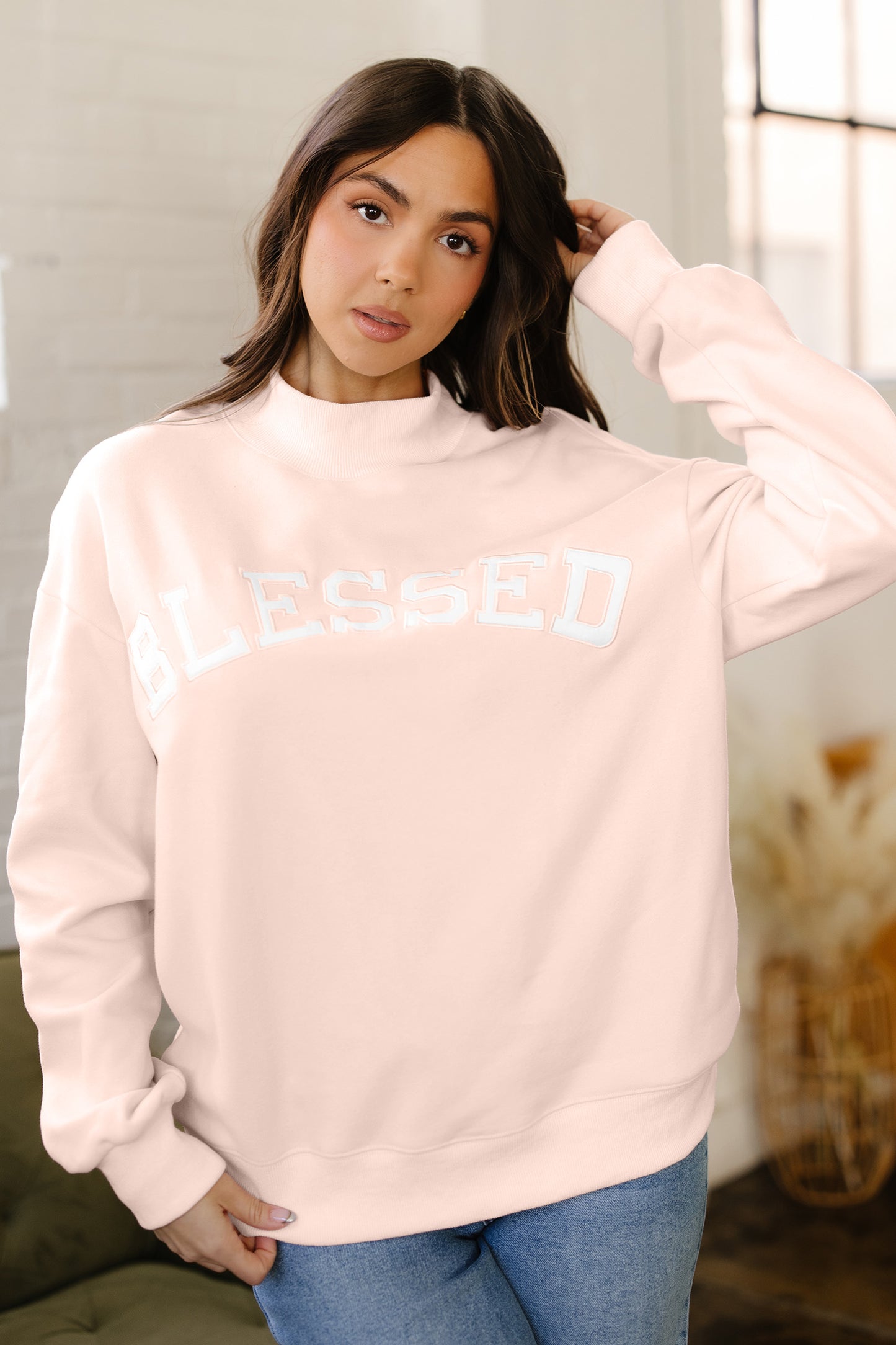 "Blessed"-Light Pink Oversize Embroidered Mock Neck Sweatshirt